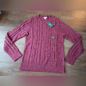 NWT LL Bean Women's Double L Cable Knit Chunky Magenta Sweater Crewneck size XS
